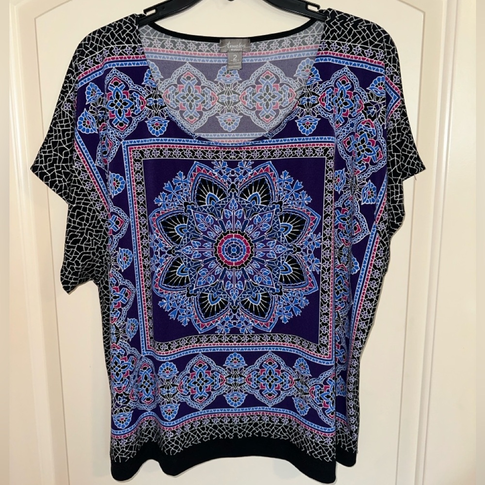 Chico's Travelers Slinky Short Sleeve Print Top - Size 2, Large